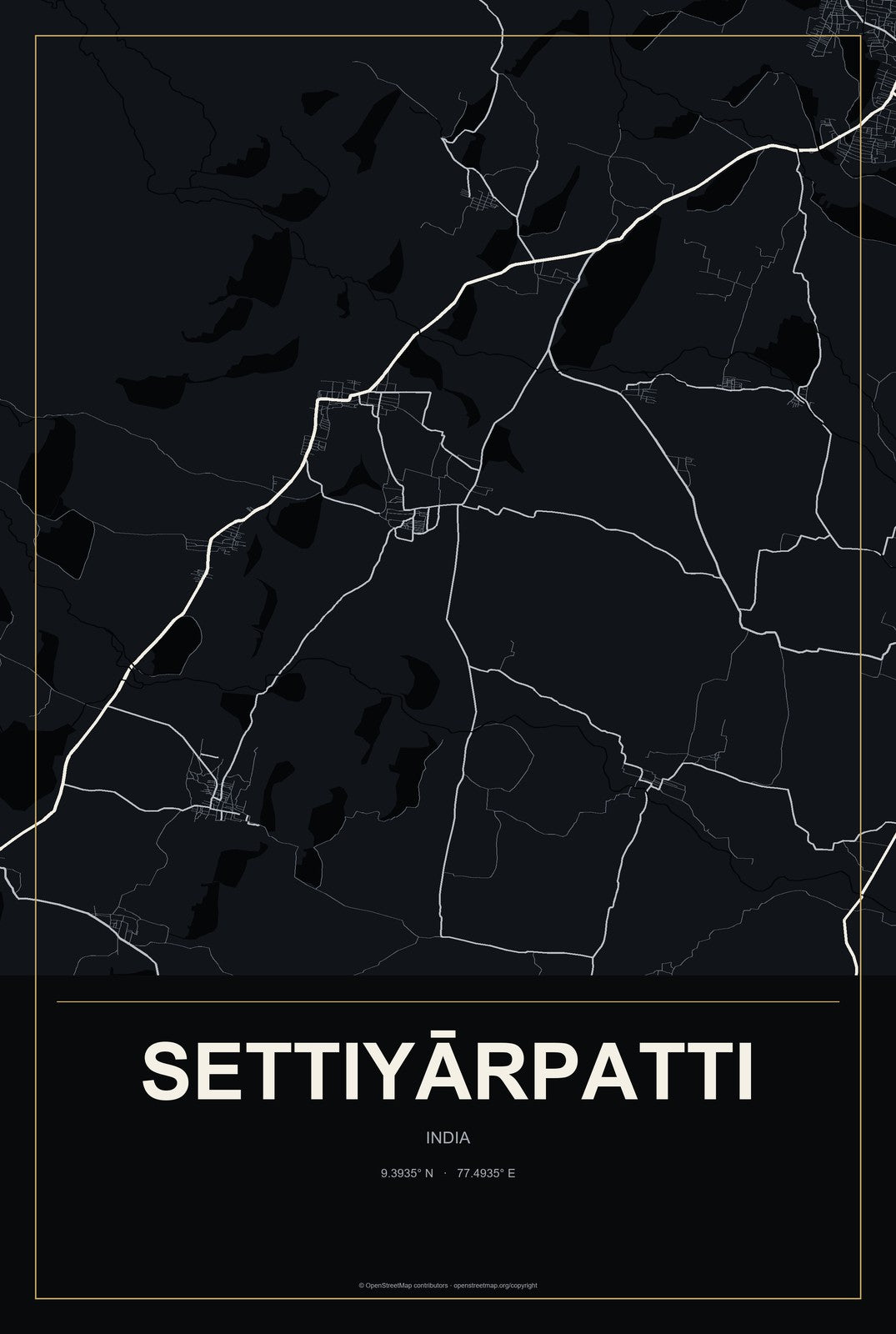 Settiyārpatti, India City Map Aluminum Sign in Metropolitan Noir style
