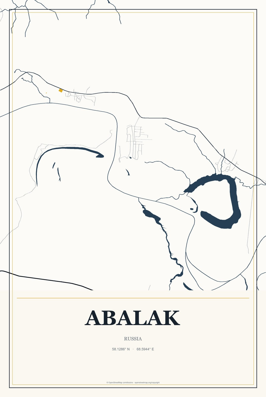 Abalak, Russia City Map Aluminum Sign in Citrine Modern style