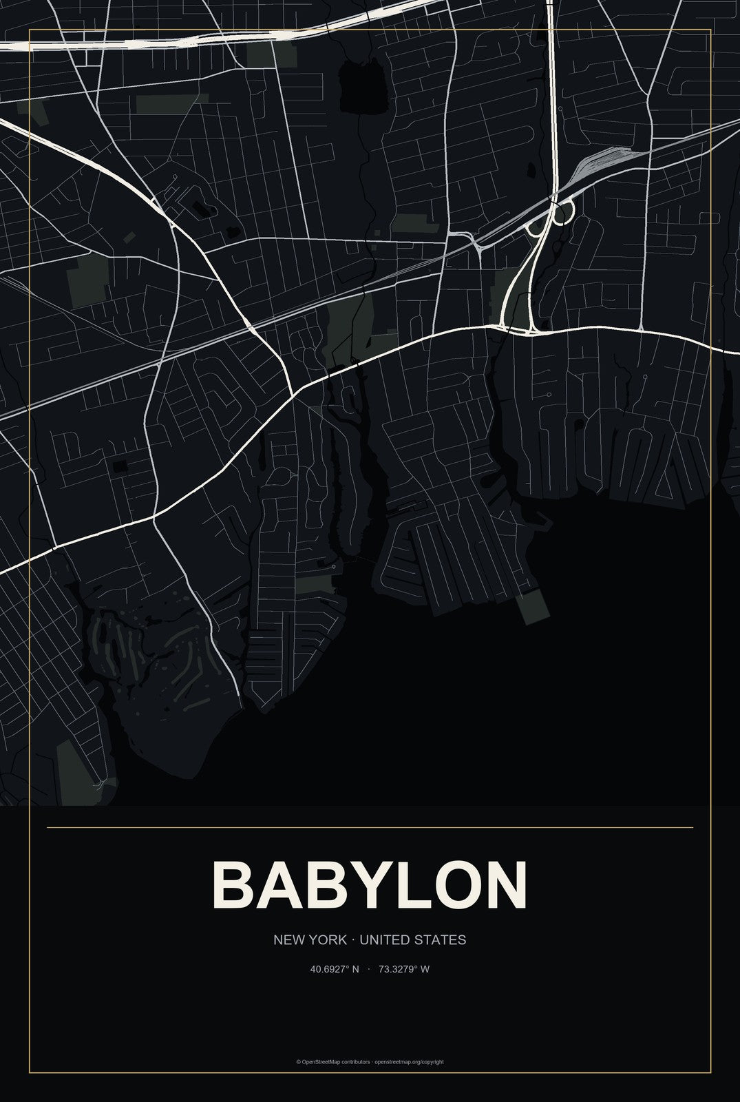 Babylon, New York City Map Aluminum Sign in Metropolitan Noir style