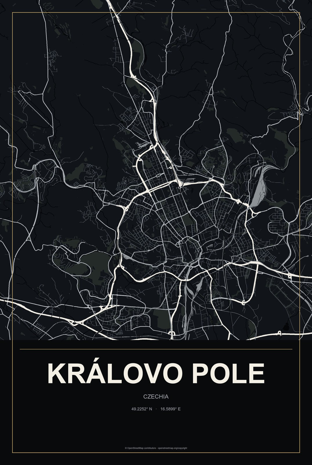 Královo Pole, Czechia City Map Aluminum Sign in Metropolitan Noir style