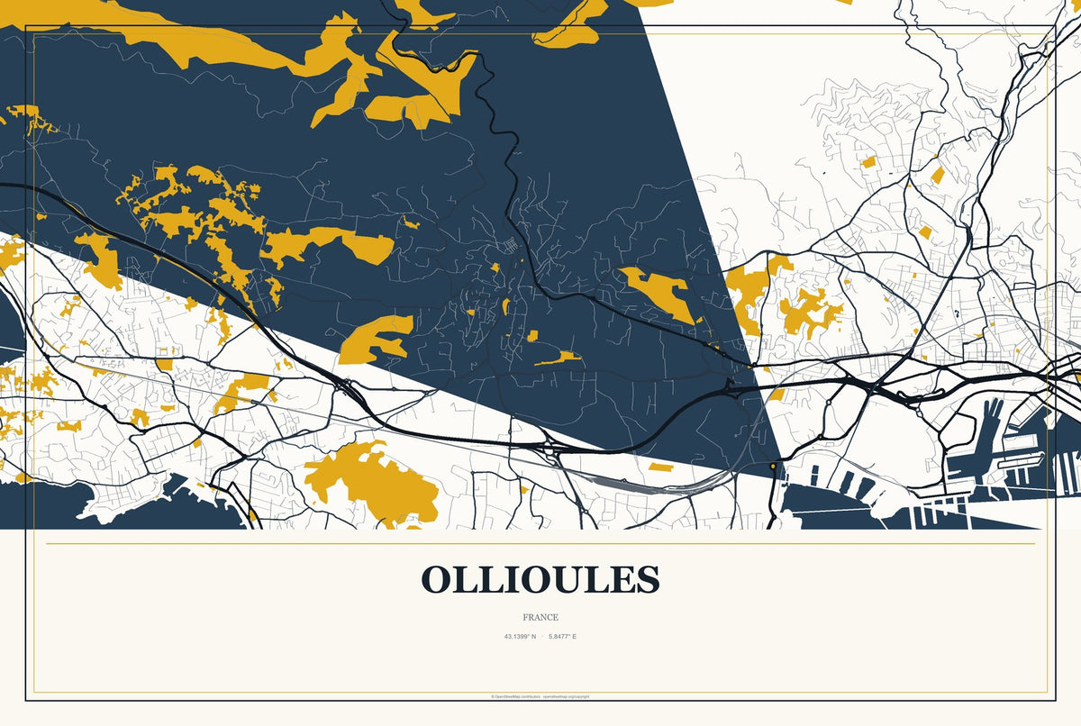 Ollioules, France City Map Aluminum Sign in Citrine Modern style
