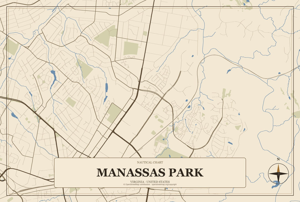Manassas Park, Virginia City Map Aluminum Sign in Heritage Nautical style