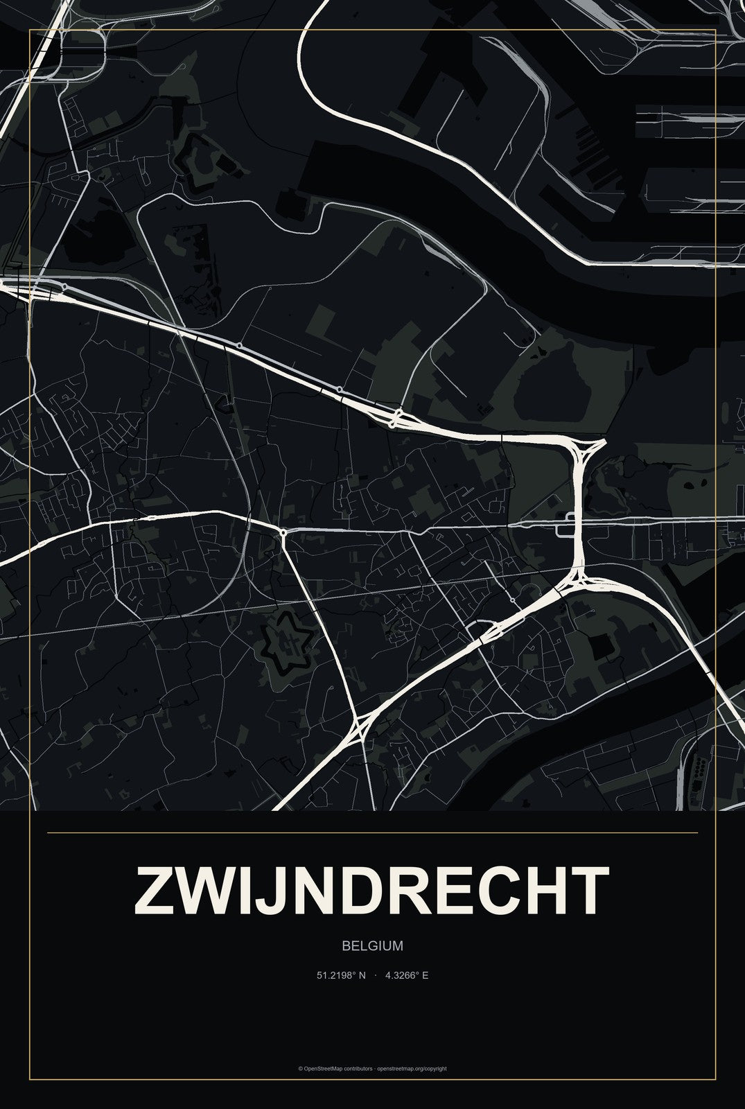 Zwijndrecht, Belgium City Map Aluminum Sign in Metropolitan Noir style