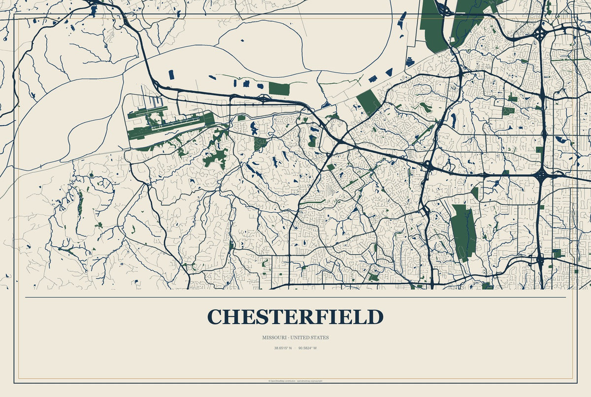 Chesterfield, Missouri City Map Aluminum Sign in Coastal Cutout style