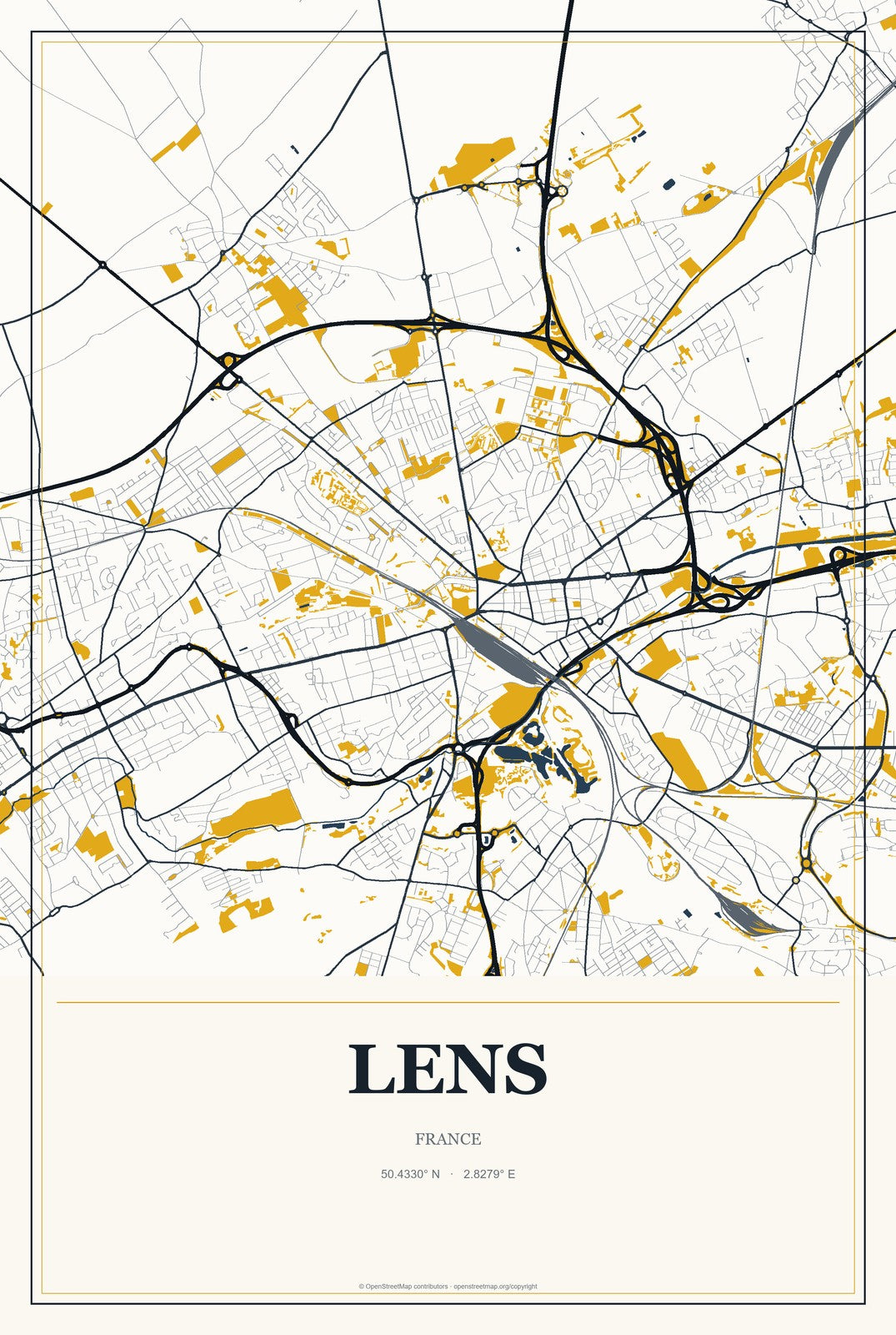 Lens, France City Map Aluminum Sign in Citrine Modern style
