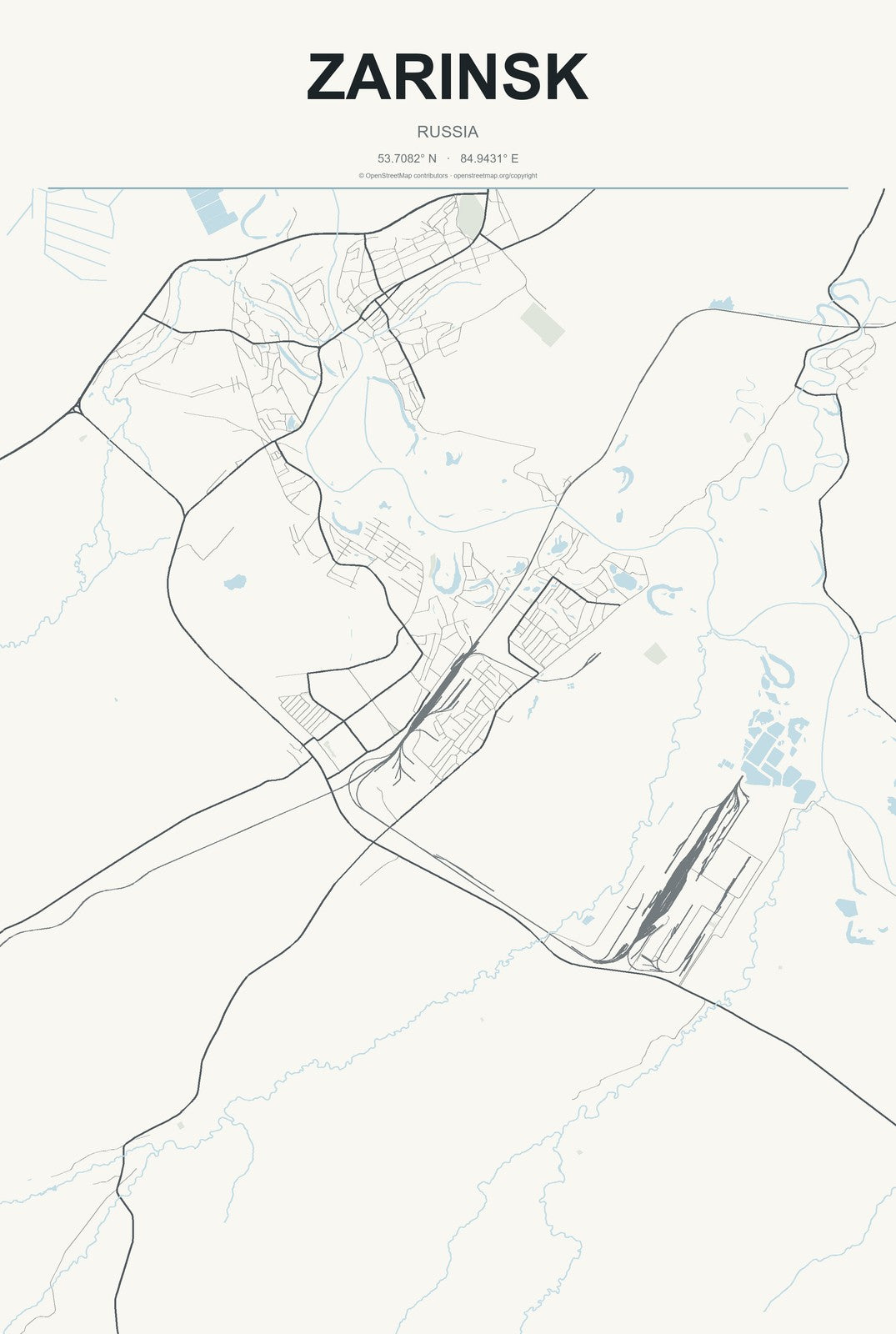 Zarinsk, Russia City Map Aluminum Sign in Headline Atlas style