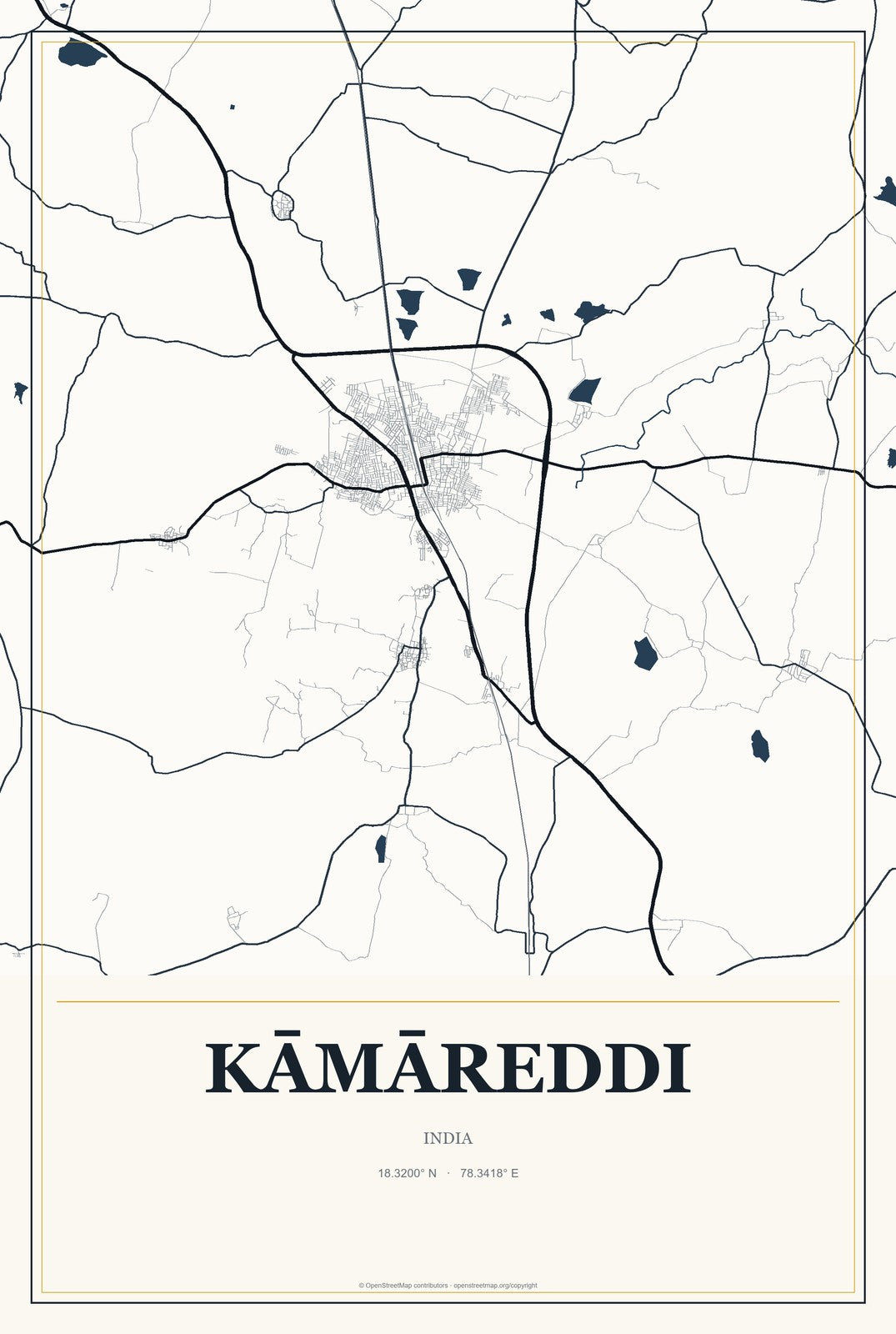 Kāmāreddi, India City Map Aluminum Sign in Citrine Modern style
