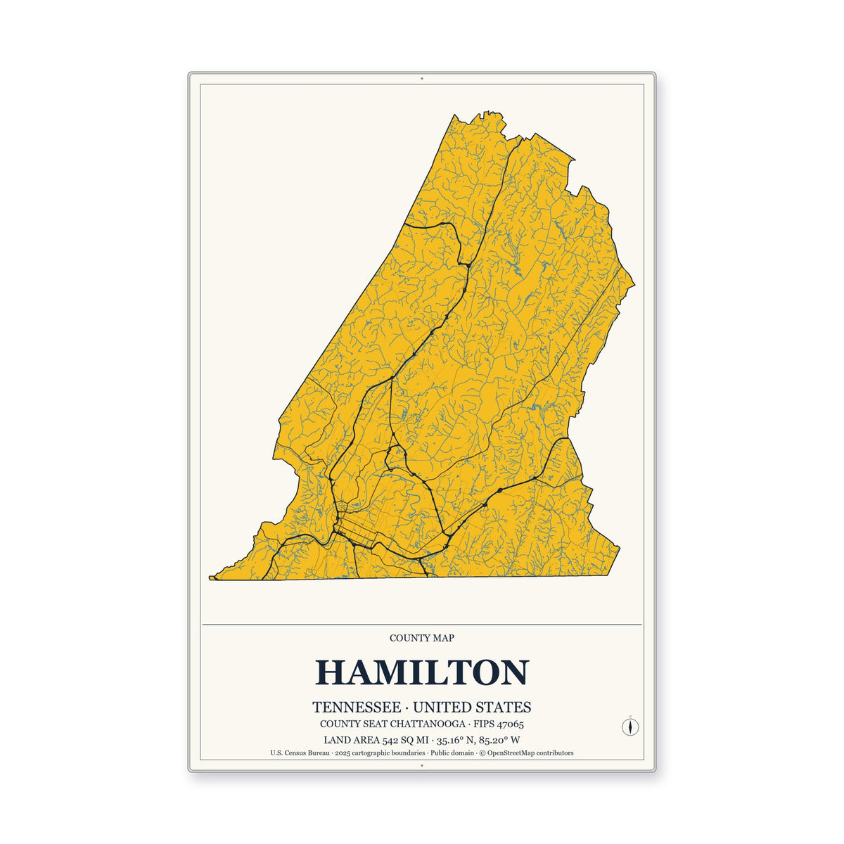 Hamilton County, Tennessee Map Aluminum Sign in Citrine Modern style