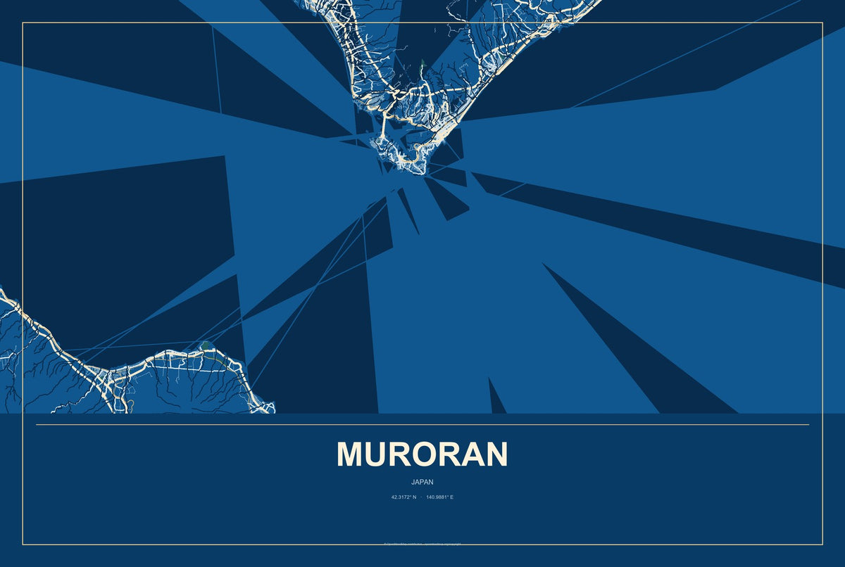 Muroran, Japan City Map Aluminum Sign in Harbor Cobalt style