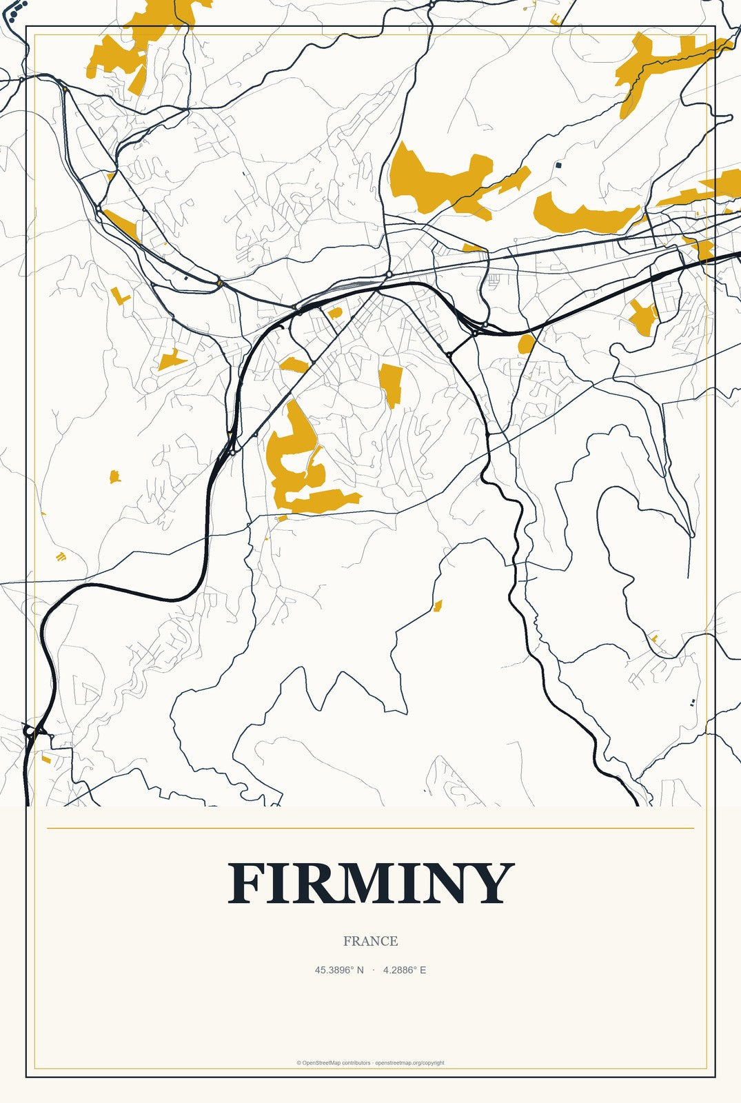 Firminy, France City Map Aluminum Sign in Citrine Modern style