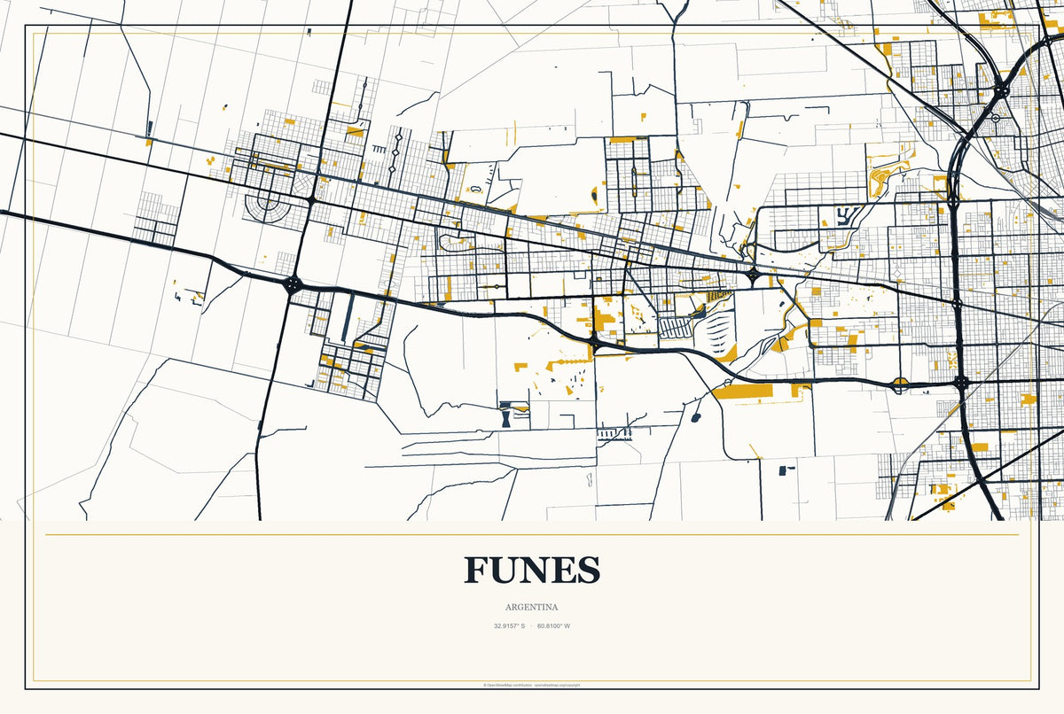 Funes, Argentina City Map Aluminum Sign in Citrine Modern style