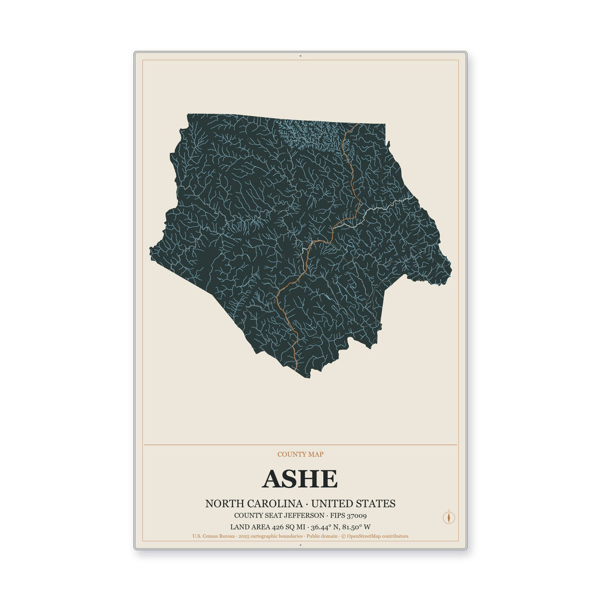 Ashe County, North Carolina Map Aluminum Sign in Headline Atlas style