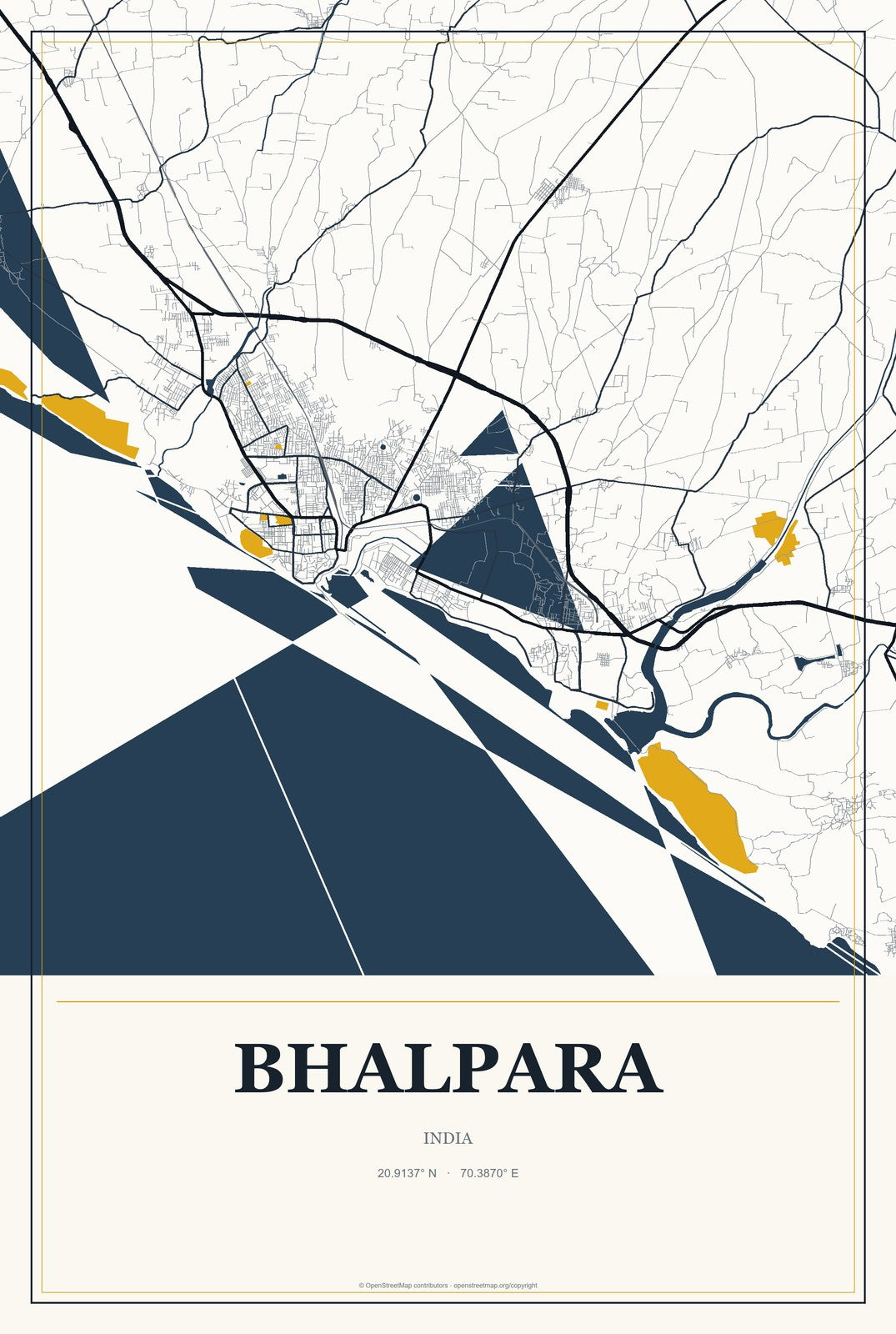 Bhalpara, India City Map Aluminum Sign in Citrine Modern style
