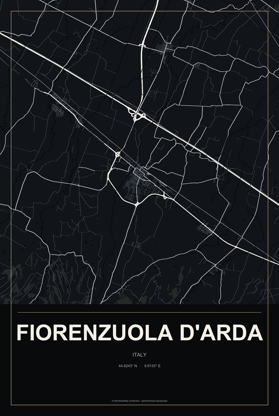 Fiorenzuola d'Arda, Italy City Map Aluminum Sign in Metropolitan Noir style