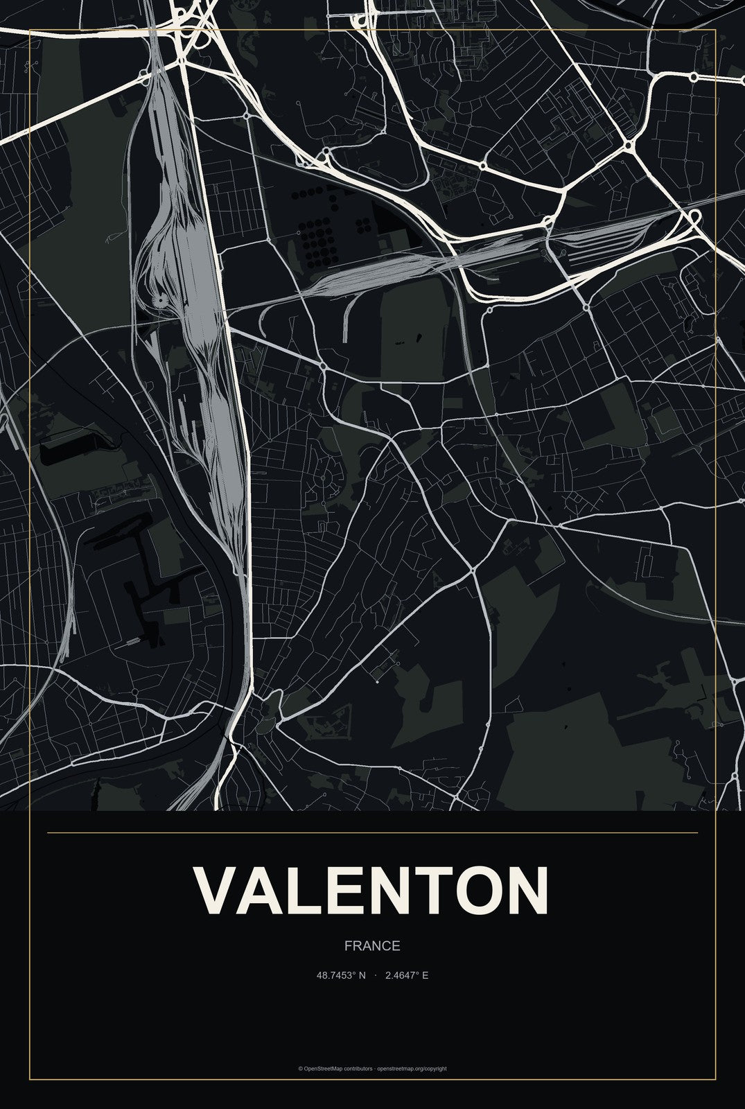 Valenton, France City Map Aluminum Sign in Metropolitan Noir style