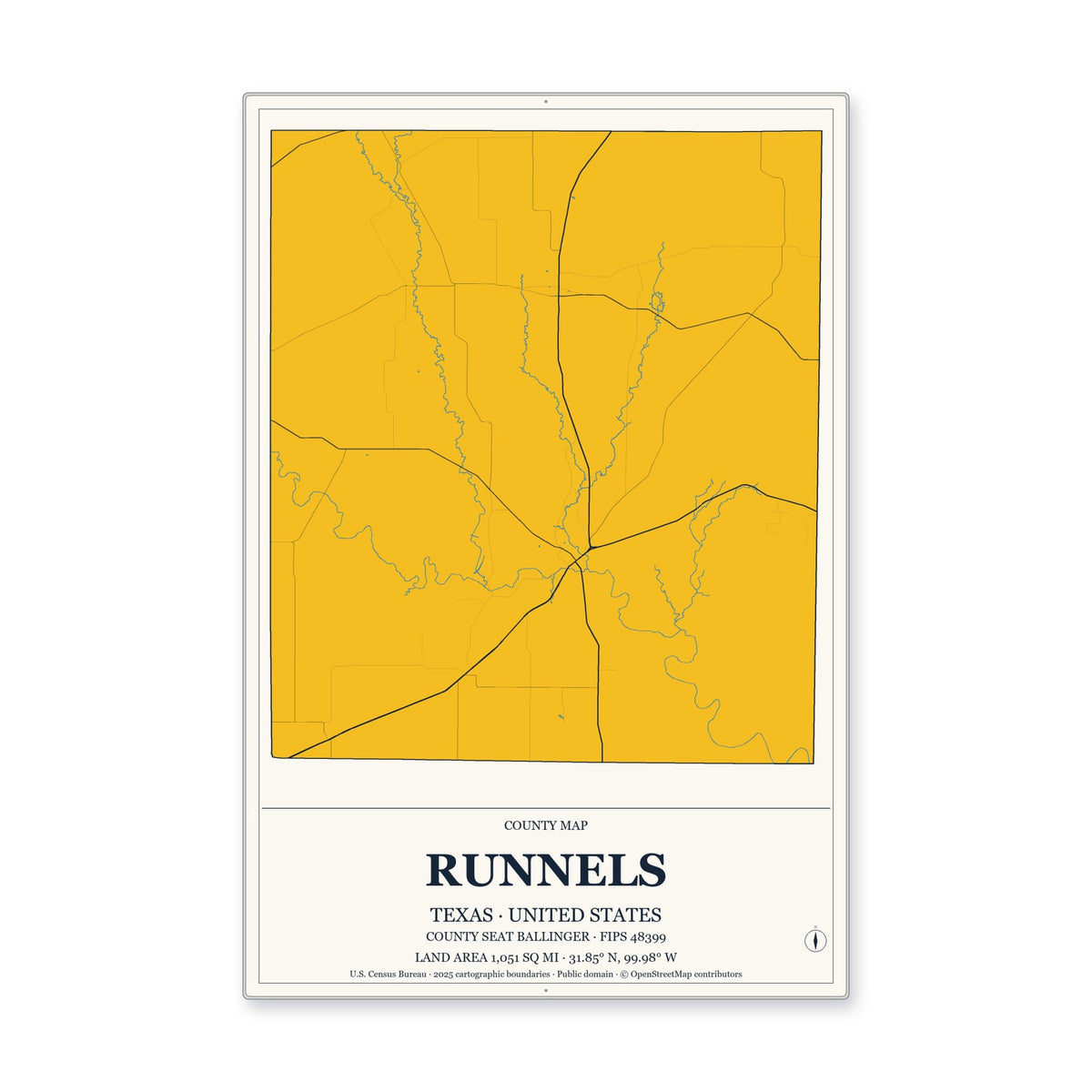 Runnels County, Texas Map Aluminum Sign in Citrine Modern style