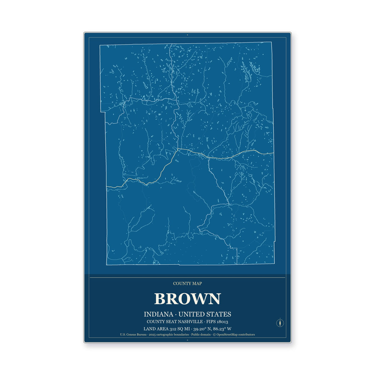 Brown County, Indiana Map Aluminum Sign in Harbor Cobalt style