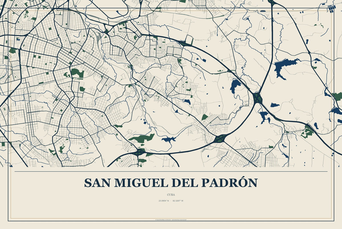 San Miguel del Padrón, Cuba City Map Aluminum Sign in Coastal Cutout style