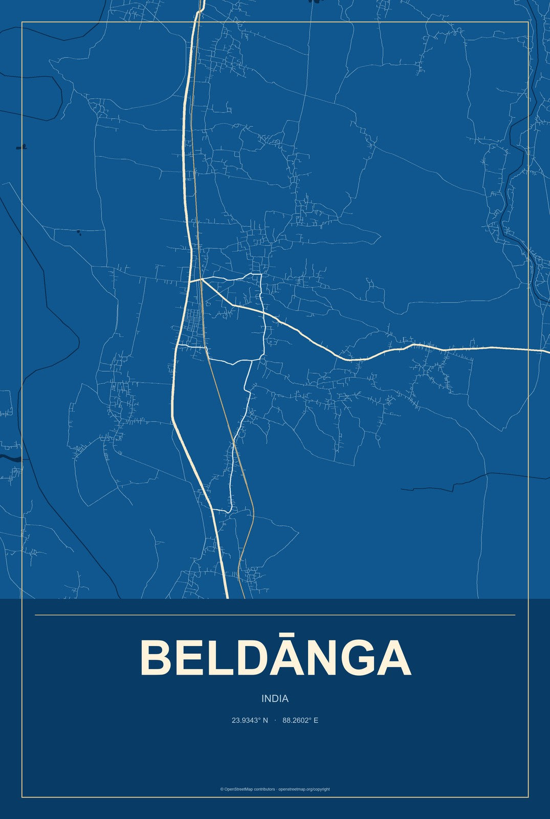 Beldānga, India City Map Aluminum Sign in Harbor Cobalt style