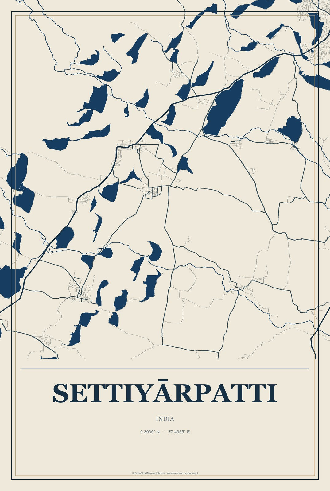Settiyārpatti, India City Map Aluminum Sign in Coastal Cutout style