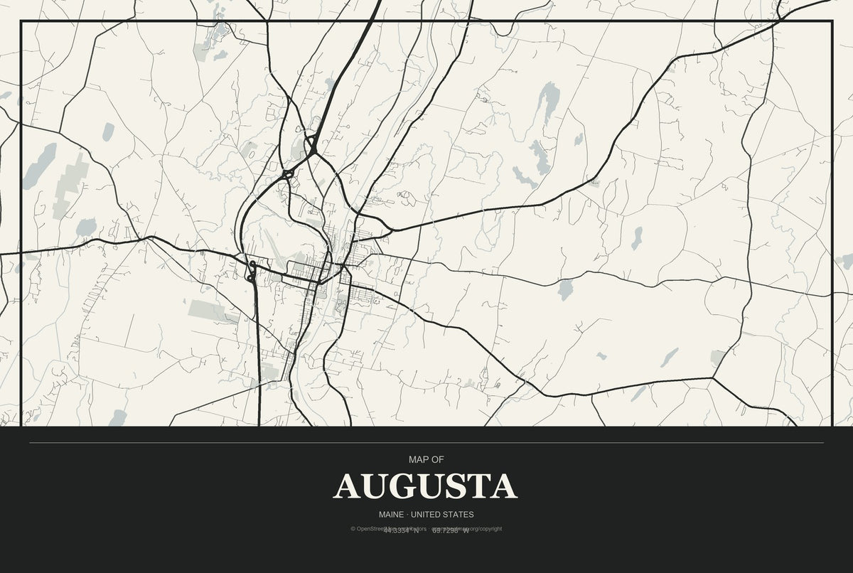 Augusta, Maine City Map Aluminum Sign in Museum Plaque style