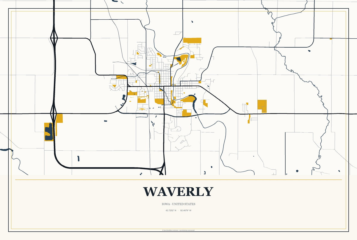 Waverly, Iowa City Map Aluminum Sign in Citrine Modern style