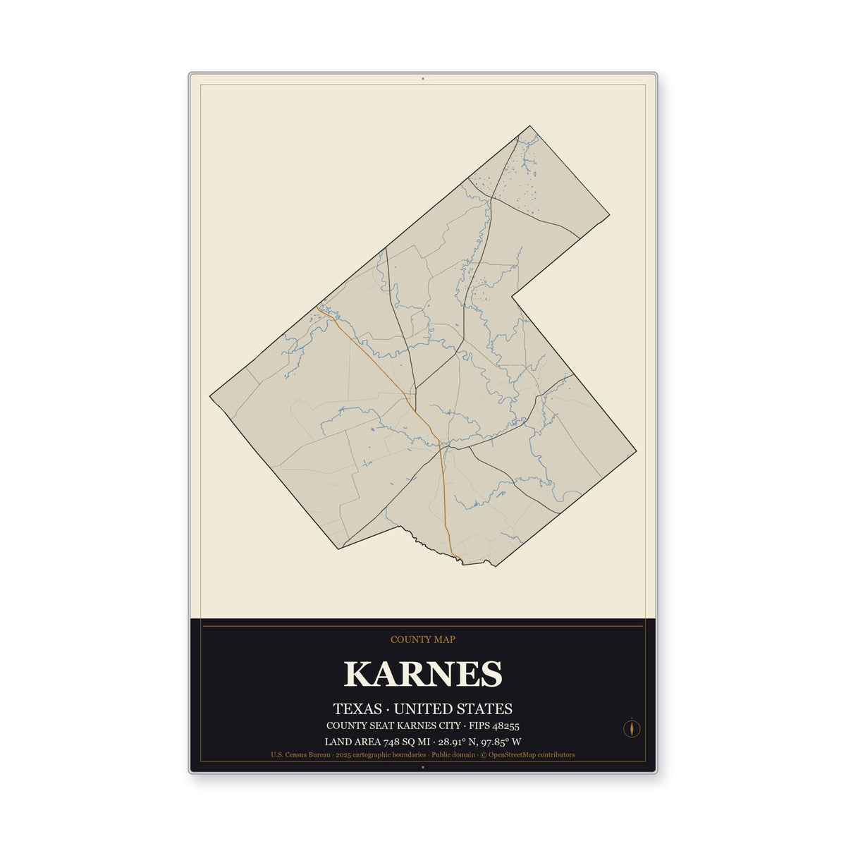 Karnes County, Texas Map Aluminum Sign in Museum Plaque style