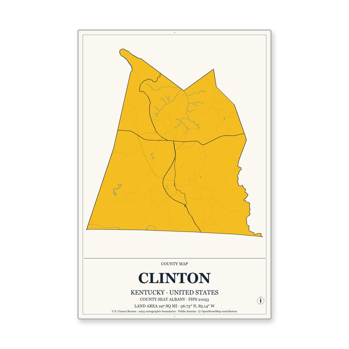 Clinton County, Kentucky Map Aluminum Sign in Citrine Modern style
