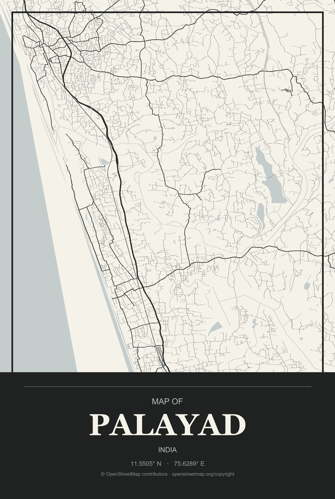 Palayad, India City Map Aluminum Sign in Museum Plaque style