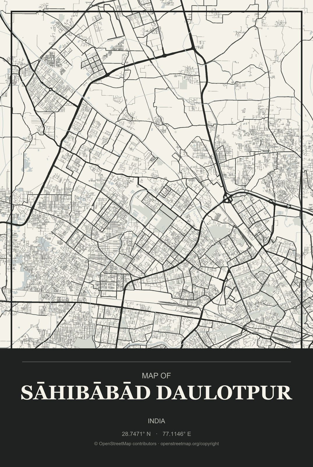 Sāhibābād Daulotpur, India City Map Aluminum Sign in Museum Plaque style