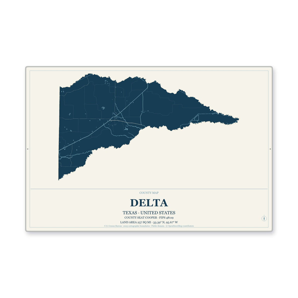 Delta County, Texas Map Aluminum Sign in Coastal Cutout style