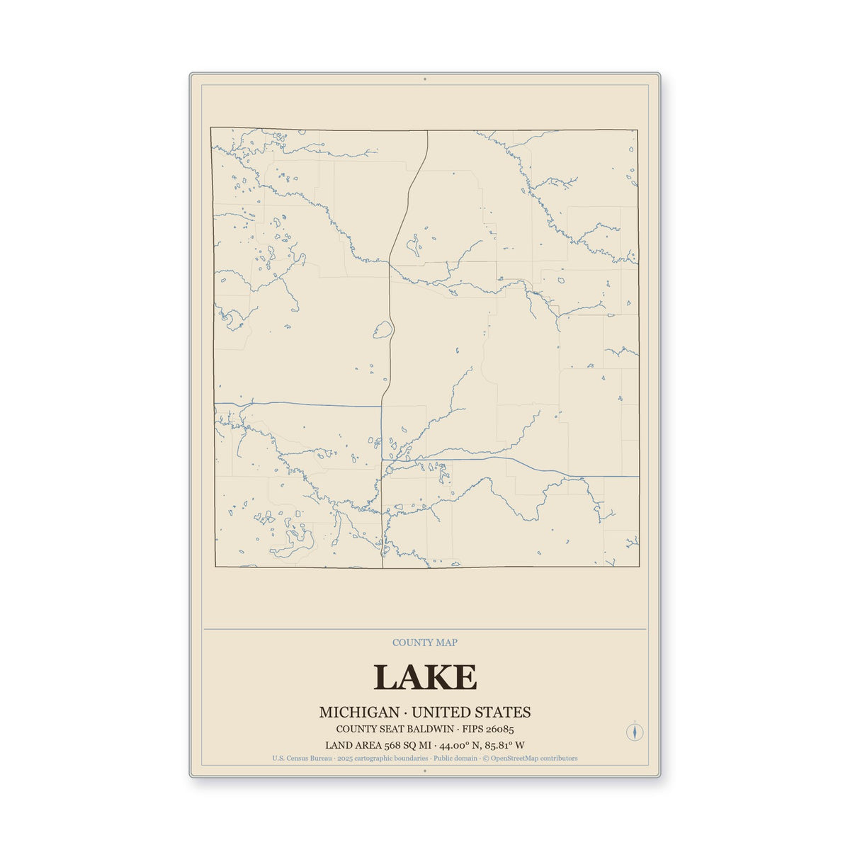 Lake County, Michigan Map Aluminum Sign in Heritage Nautical style