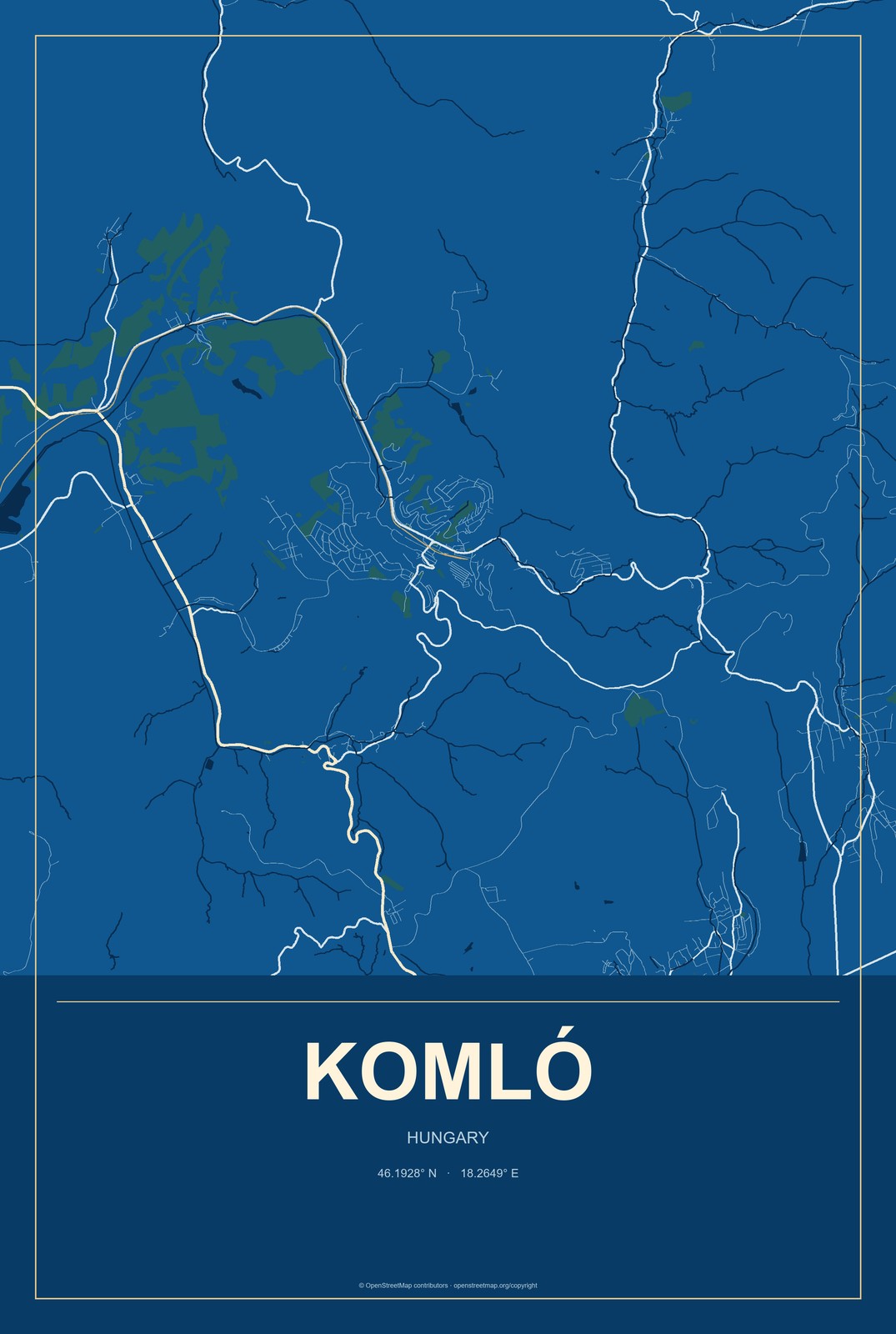 Komló, Hungary City Map Aluminum Sign in Harbor Cobalt style