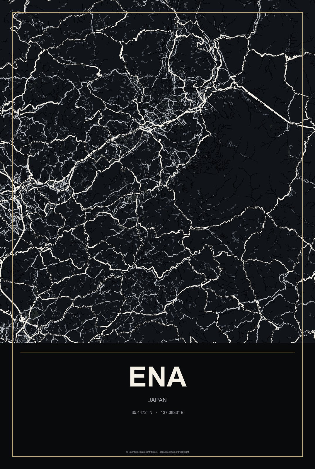 Ena, Japan City Map Aluminum Sign in Metropolitan Noir style