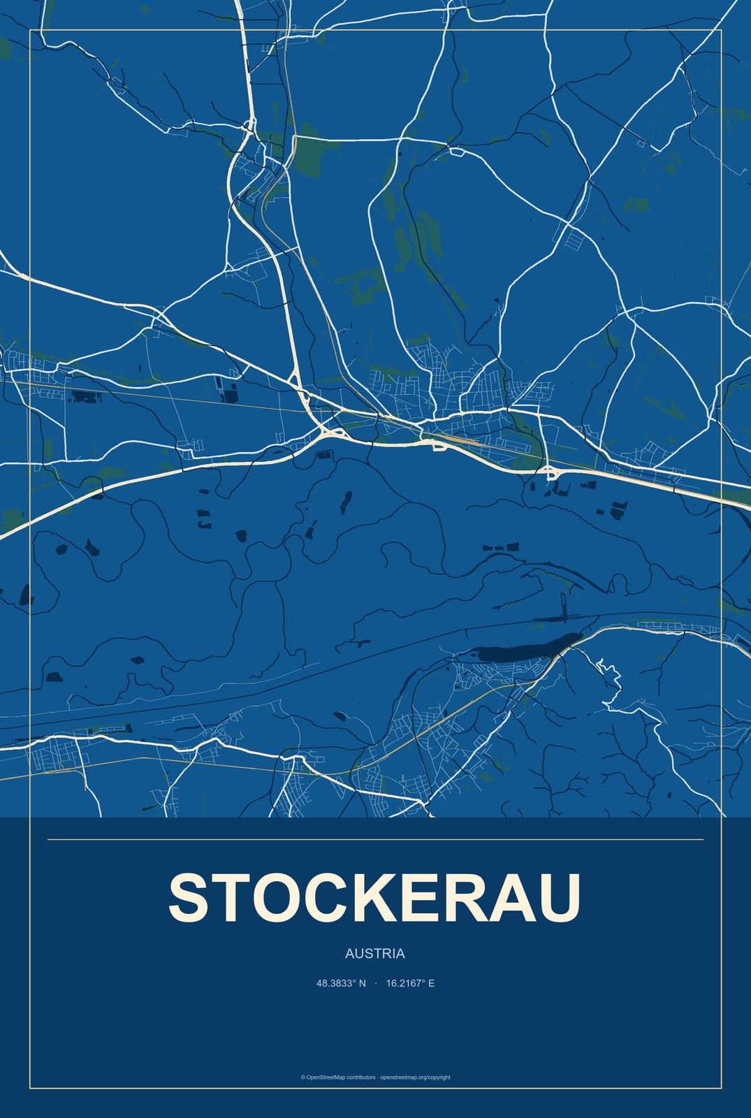 Stockerau, Austria City Map Aluminum Sign in Harbor Cobalt style