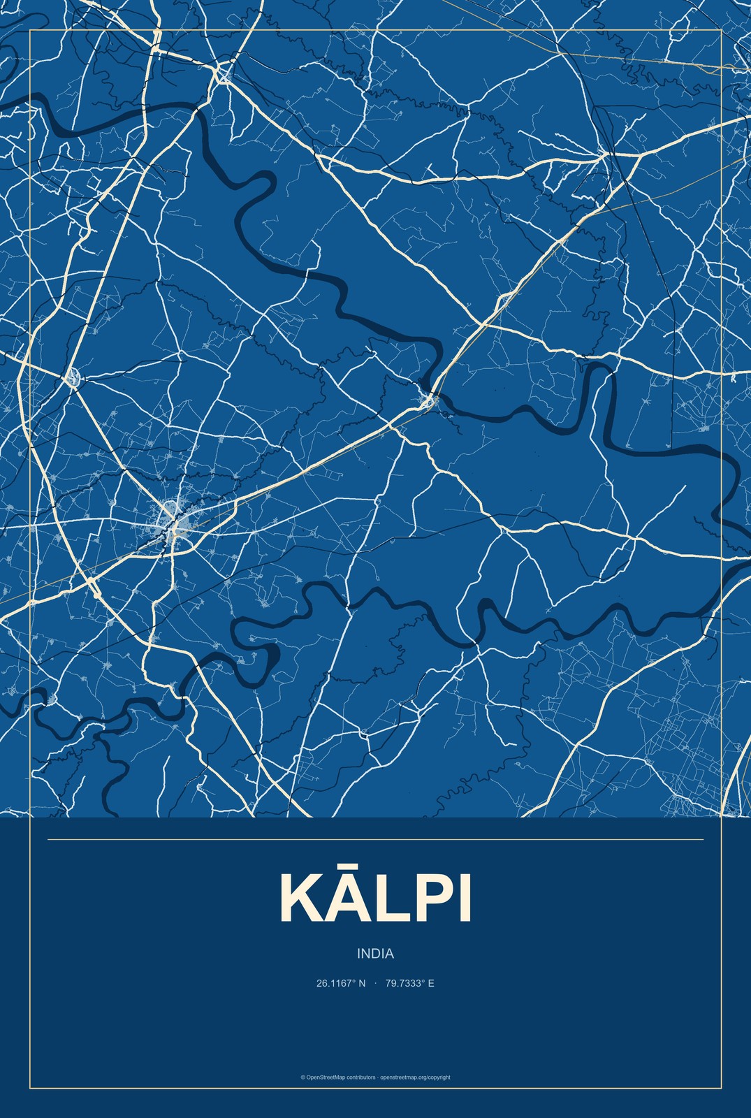 Kālpi, India City Map Aluminum Sign in Harbor Cobalt style