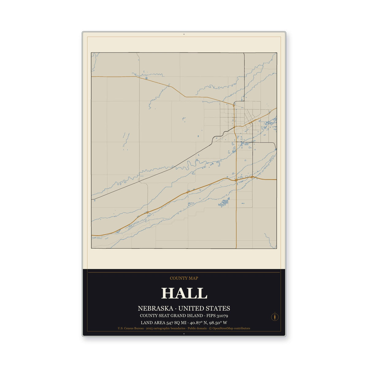 Hall County, Nebraska Map Aluminum Sign in Museum Plaque style