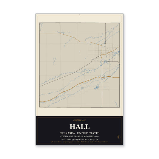 Hall County, Nebraska Map Aluminum Sign in Museum Plaque style