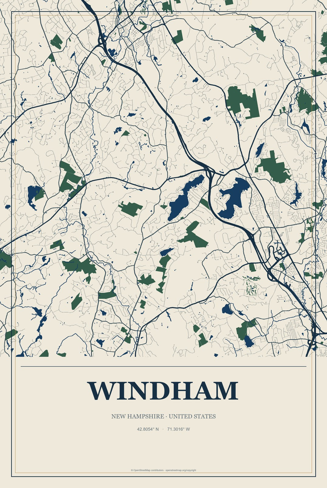 Windham, New Hampshire City Map Aluminum Sign in Coastal Cutout style