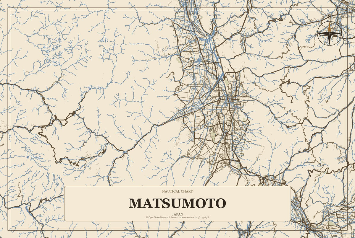 Matsumoto, Japan City Map Aluminum Sign in Heritage Nautical style