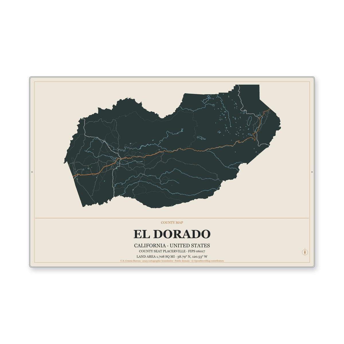 El Dorado County, California Map Aluminum Sign in Headline Atlas style