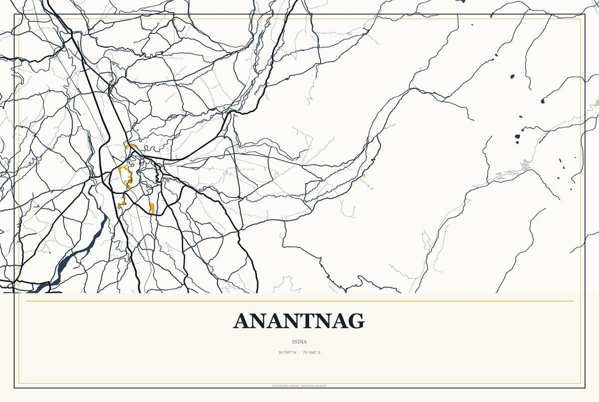 Anantnag, India City Map Aluminum Sign in Citrine Modern style