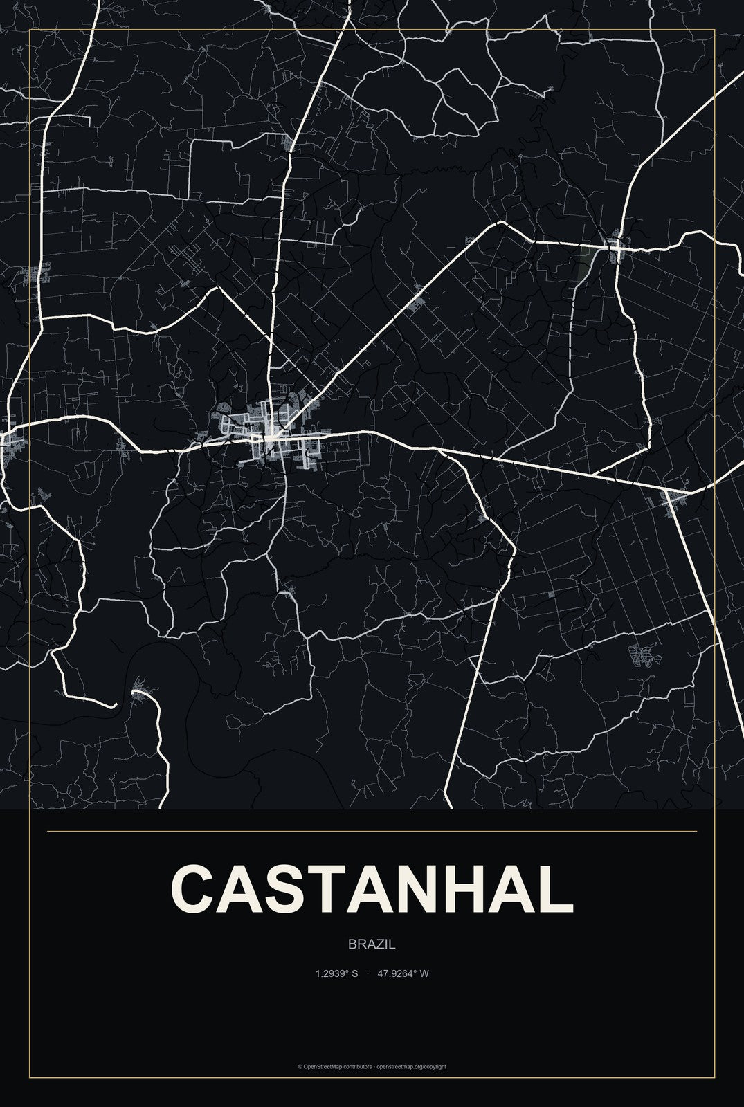 Castanhal, Brazil City Map Aluminum Sign in Metropolitan Noir style