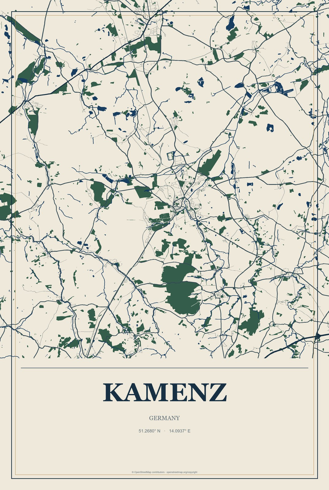 Kamenz, Germany City Map Aluminum Sign in Coastal Cutout style