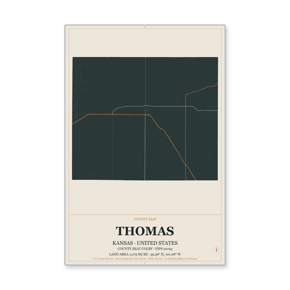 Thomas County, Kansas Map Aluminum Sign in Headline Atlas style