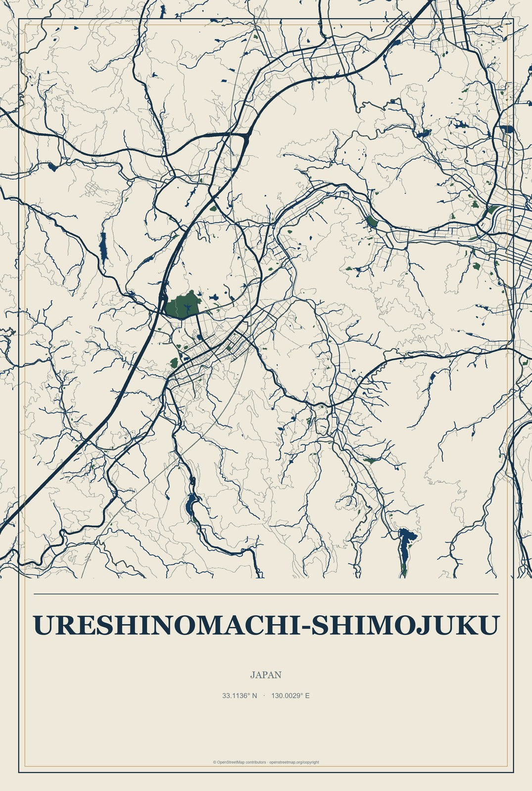 Ureshinomachi-shimojuku, Japan City Map Aluminum Sign in Coastal Cutout style