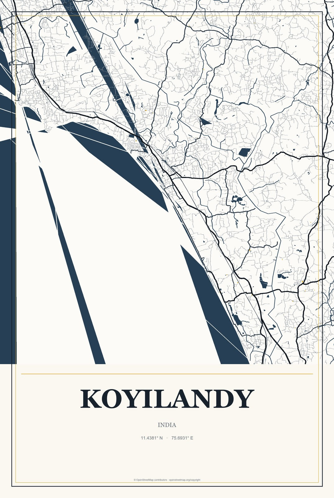 Koyilandy, India City Map Aluminum Sign in Citrine Modern style
