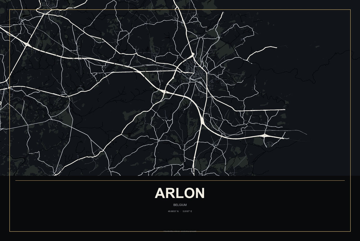 Arlon, Belgium City Map Aluminum Sign in Metropolitan Noir style