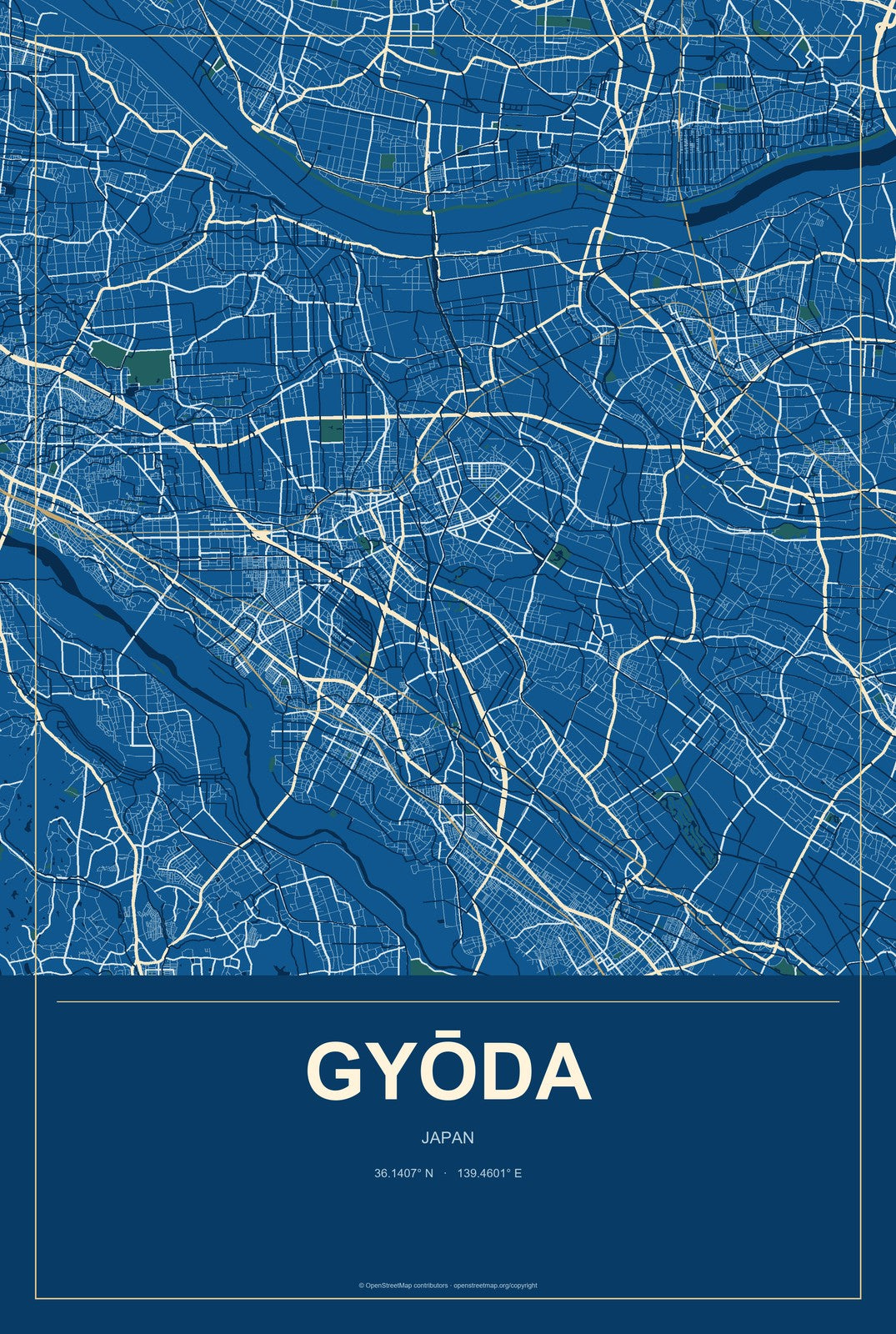 Gyōda, Japan City Map Aluminum Sign in Harbor Cobalt style