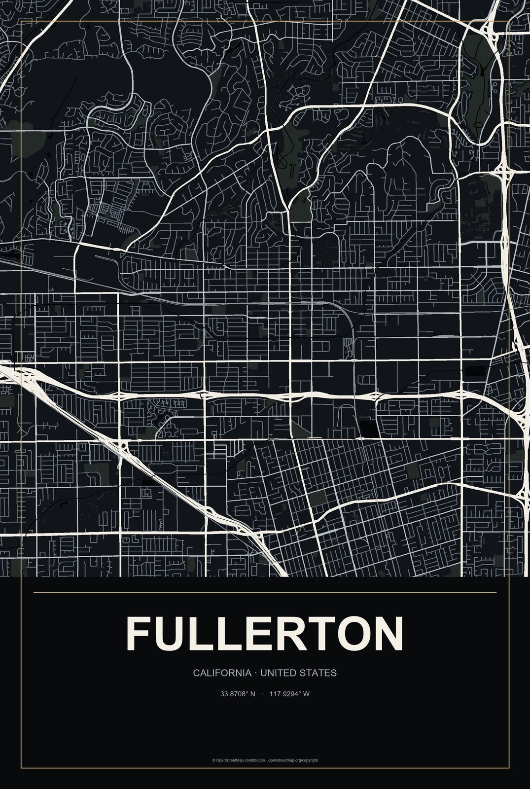 Fullerton, California City Map Aluminum Sign in Metropolitan Noir style